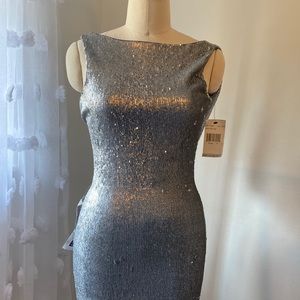 A.B.S. by Allen Schwartz Silver Sequin High Neck Low Back Ball Gown Formal Dress